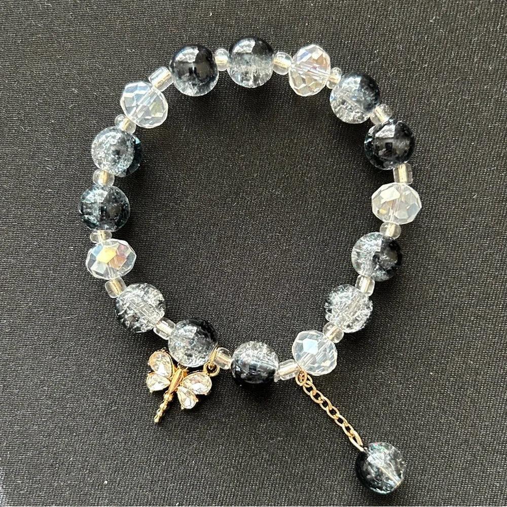 Set of 3 Glass Bead Stretch Bracelets Black Clear Crystal Butterfly